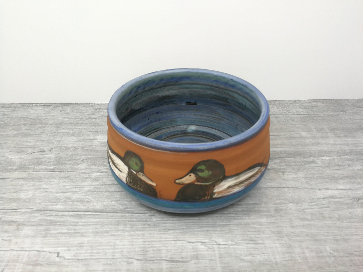 Pottery Bowl with Blue Glaze and Hand Painted Duck and Duckling Design