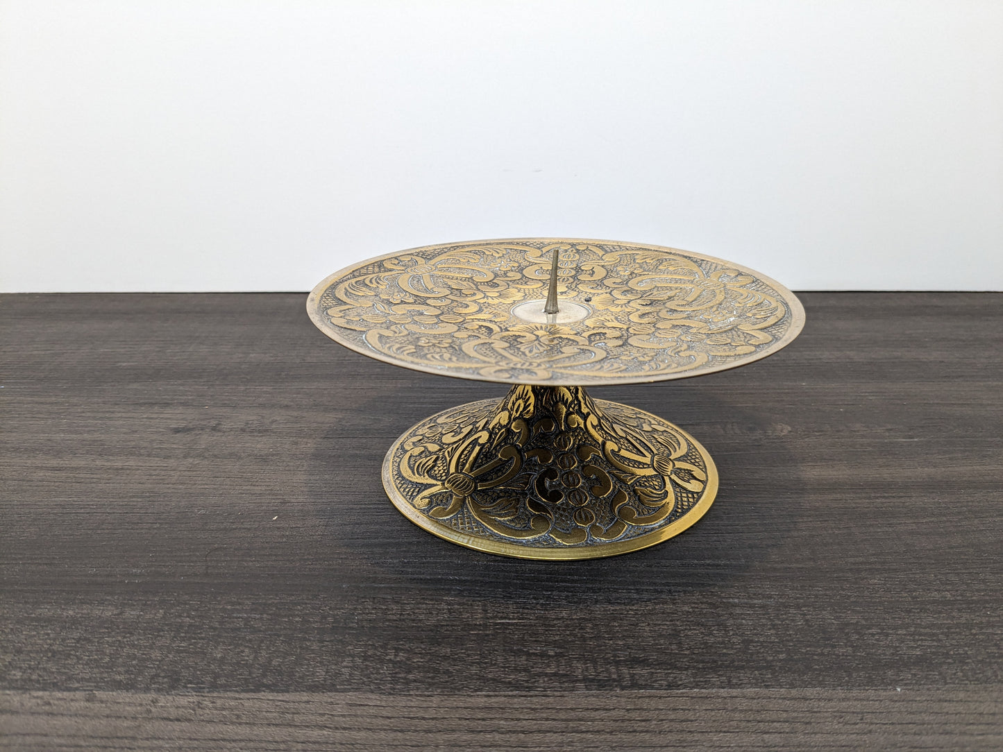 Brass Pedestal Base Candle Stand | Intricate Etched Design | Boho Style