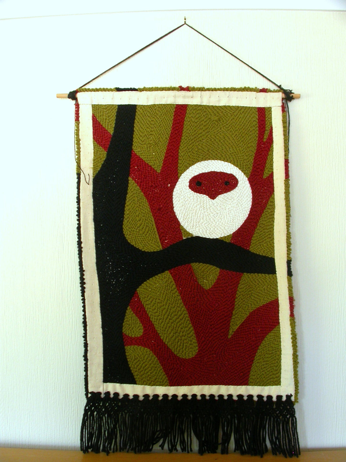 Wool Hook and Loop Mid Century Abstract Owl Wall Tapestry, Vintage Modernist Wool