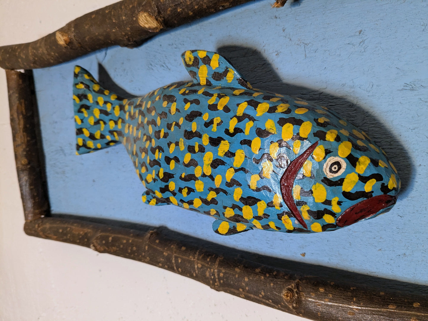 Graphic Folk Art Painted Wood Fish | Carved Wood Fish Wall Hanging