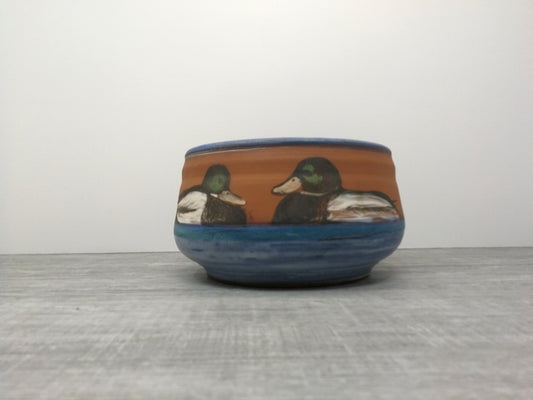 Pottery Bowl with Blue Glaze and Hand Painted Duck and Duckling Design