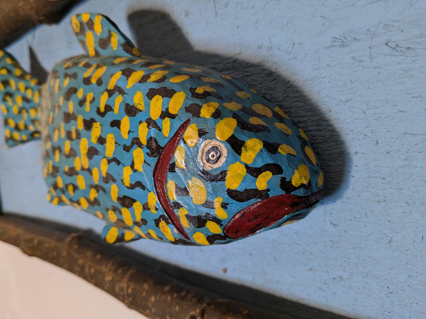 Graphic Folk Art Painted Wood Fish | Carved Wood Fish Wall Hanging