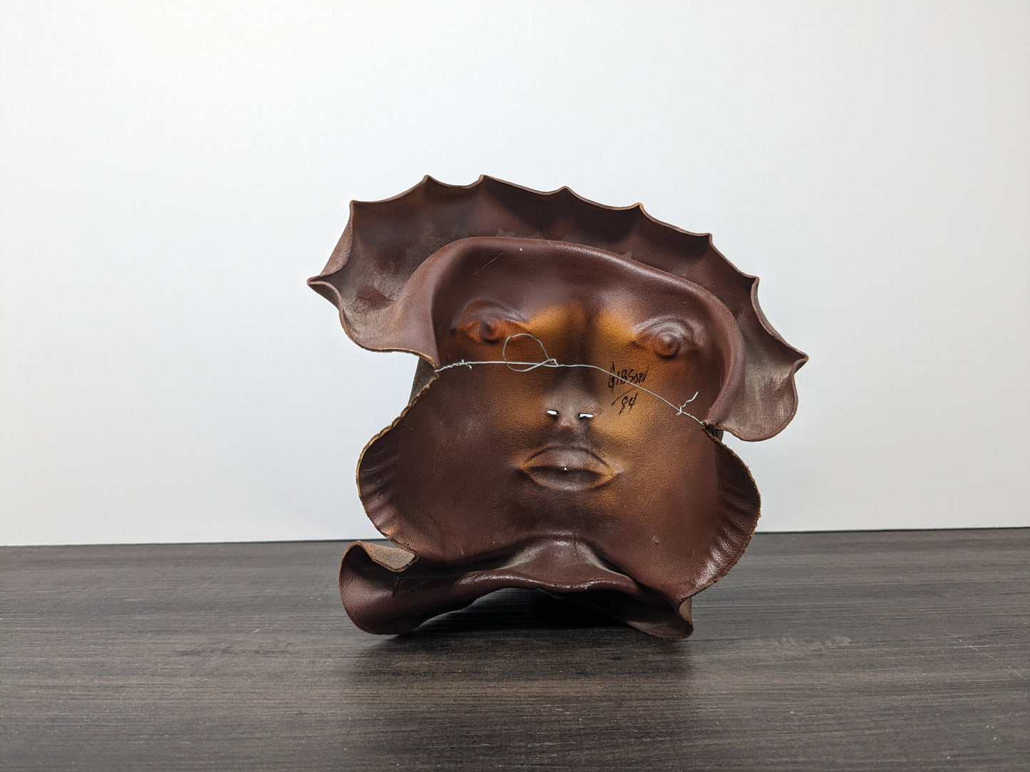 Pop Art Leather Sculpture | Post Modern Wall Art | Natural Worked Leather Face | Curio Collection