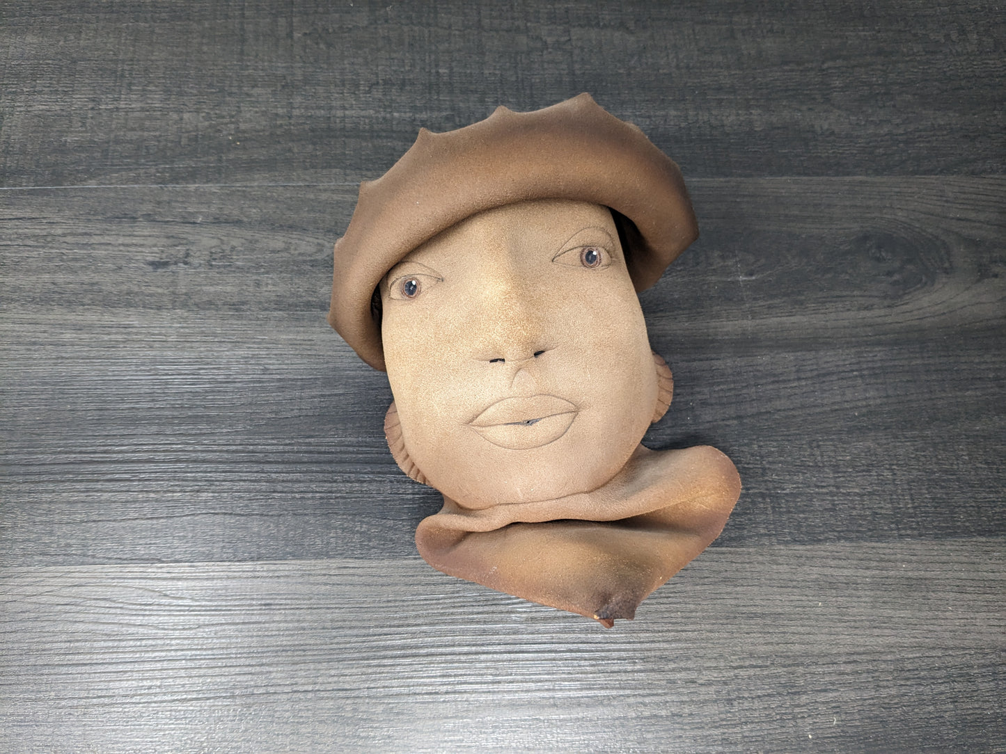 Pop Art Leather Sculpture | Post Modern Wall Art | Natural Worked Leather Face | Curio Collection