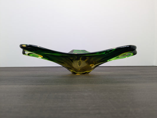 1950's Art Glass Accent Bowl | Free Form Mid Century Modern | Murano Green and Amber Bowl or Candy Dish