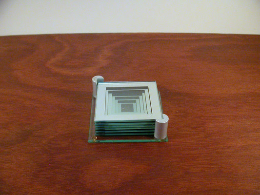 Glass Coasters,Square, Post Modern Glass Coasters, Geometric Mirror Pattern, Set of 6 Coasters 1980's, Post Modern Design