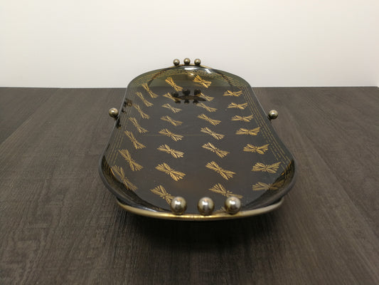 Smoky Glass and Gold Leaf Serving Platter on Raised Metal Stand | Mid Century Glass Plate