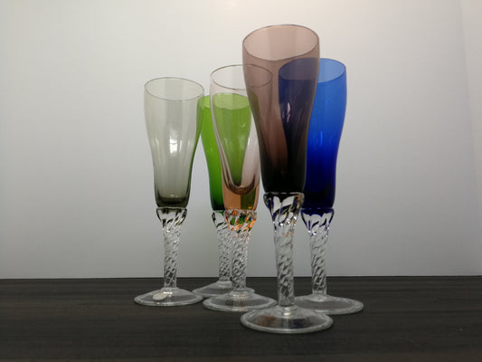 Set of 5 Italian Art Glass Stemware Glasses | Vintage Colored Drinking Glasses | Twisted Stems Italian Art Glass