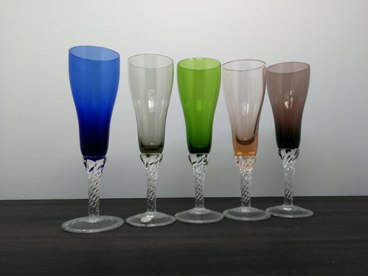 Set of 5 Italian Art Glass Stemware Glasses | Vintage Colored Drinking Glasses | Twisted Stems Italian Art Glass