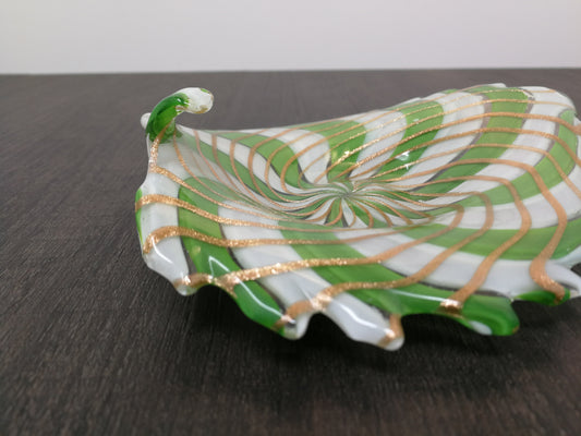 Italian Art Glass | Green & White with Gold Filigree