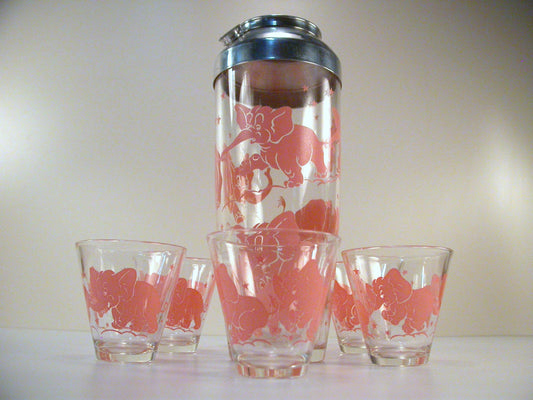 Pink Elephant Cocktail Shaker and Six Tumblers | 1950's Cocktail Shaker
