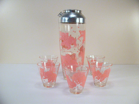 Pink Elephant Cocktail Shaker and Six Tumblers | 1950's Cocktail Shaker