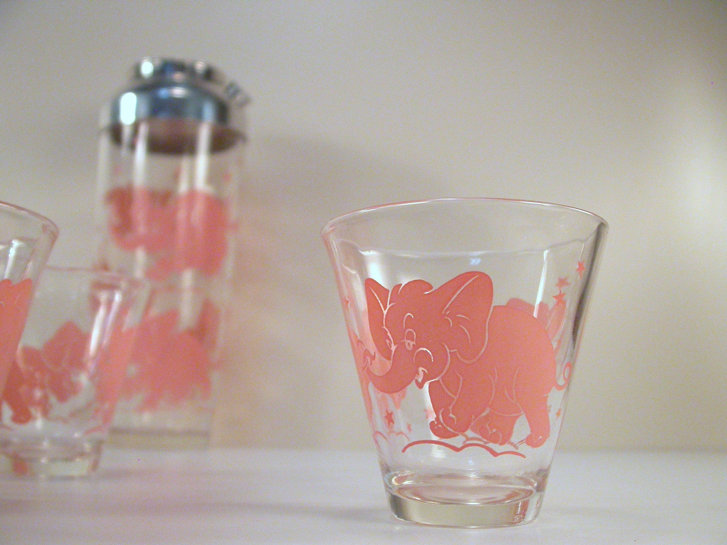Pink Elephant Cocktail Shaker and Six Tumblers | 1950's Cocktail Shaker