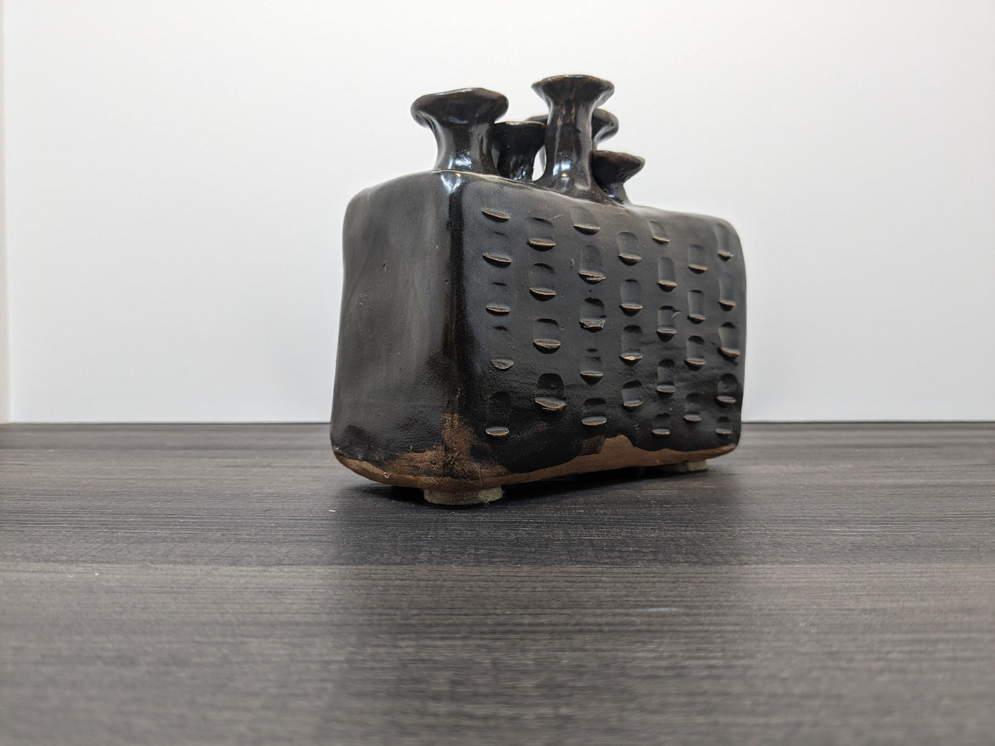 Brutalist Multi Neck Vase | 1970's Brown Glazed Terracota Vase | 4 Flue Openings