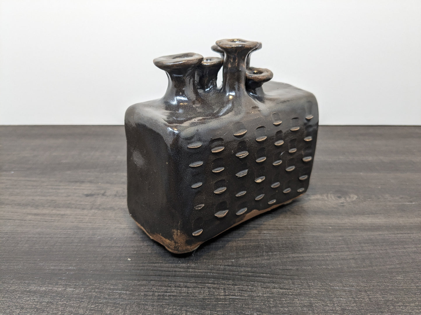 Brutalist Multi Neck Vase | 1970's Brown Glazed Terracota Vase | 4 Flue Openings