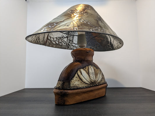 Leather and Tin Covered Ceramic Lamp | 1980 Vintage Lighting | Modernist Arts & Crafts Table Lamp| Hobbit Lamp