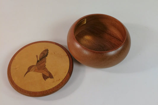 Hand Made Round Covered Walnut Wood Box with Hummingbird Inlay, John Forish Hand Made Lidded Box