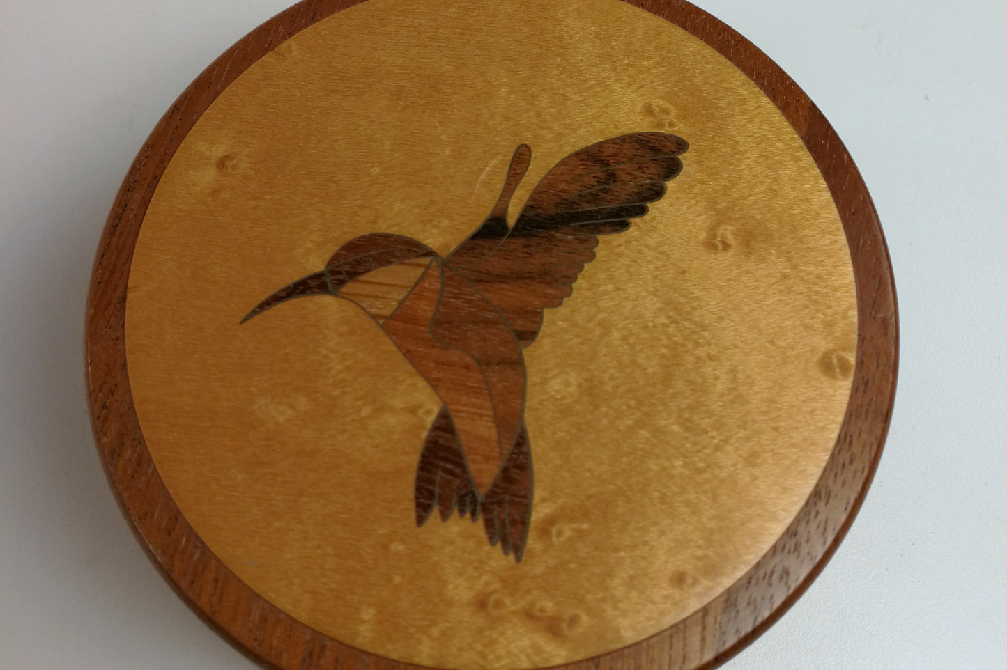 Hand Made Round Covered Walnut Wood Box with Hummingbird Inlay, John Forish Hand Made Lidded Box