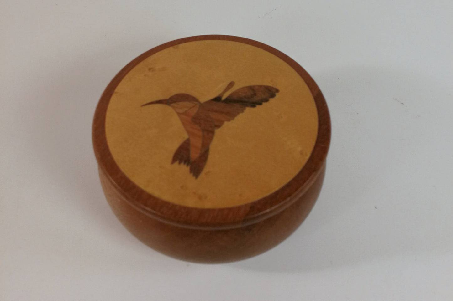 Hand Made Round Covered Walnut Wood Box with Hummingbird Inlay, John Forish Hand Made Lidded Box