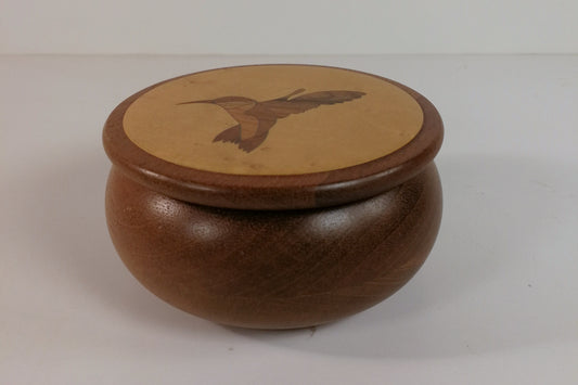 Hand Made Round Covered Walnut Wood Box with Hummingbird Inlay, John Forish Hand Made Lidded Box