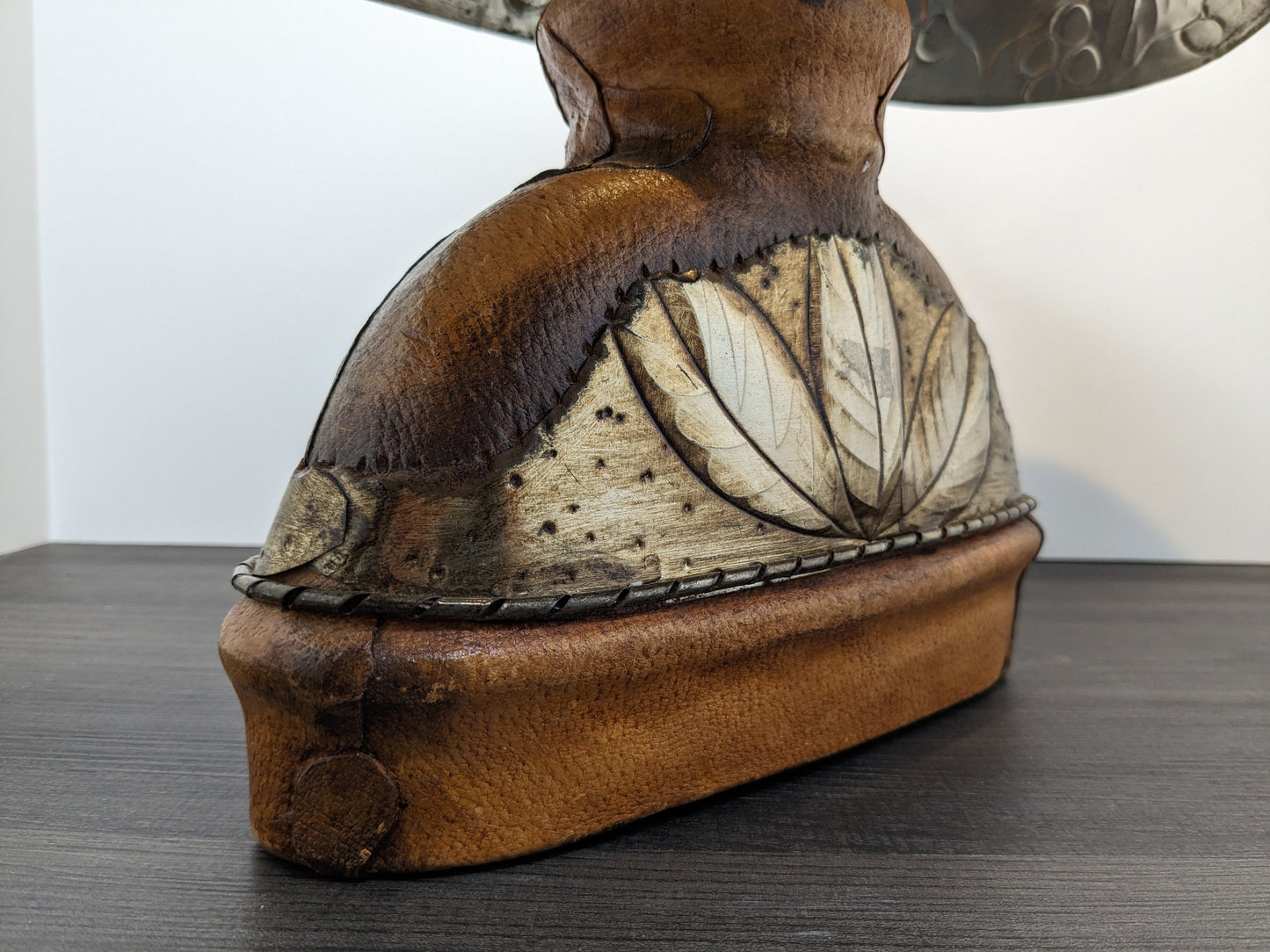 Leather and Tin Covered Ceramic Lamp | 1980 Vintage Lighting | Modernist Arts & Crafts Table Lamp| Hobbit Lamp