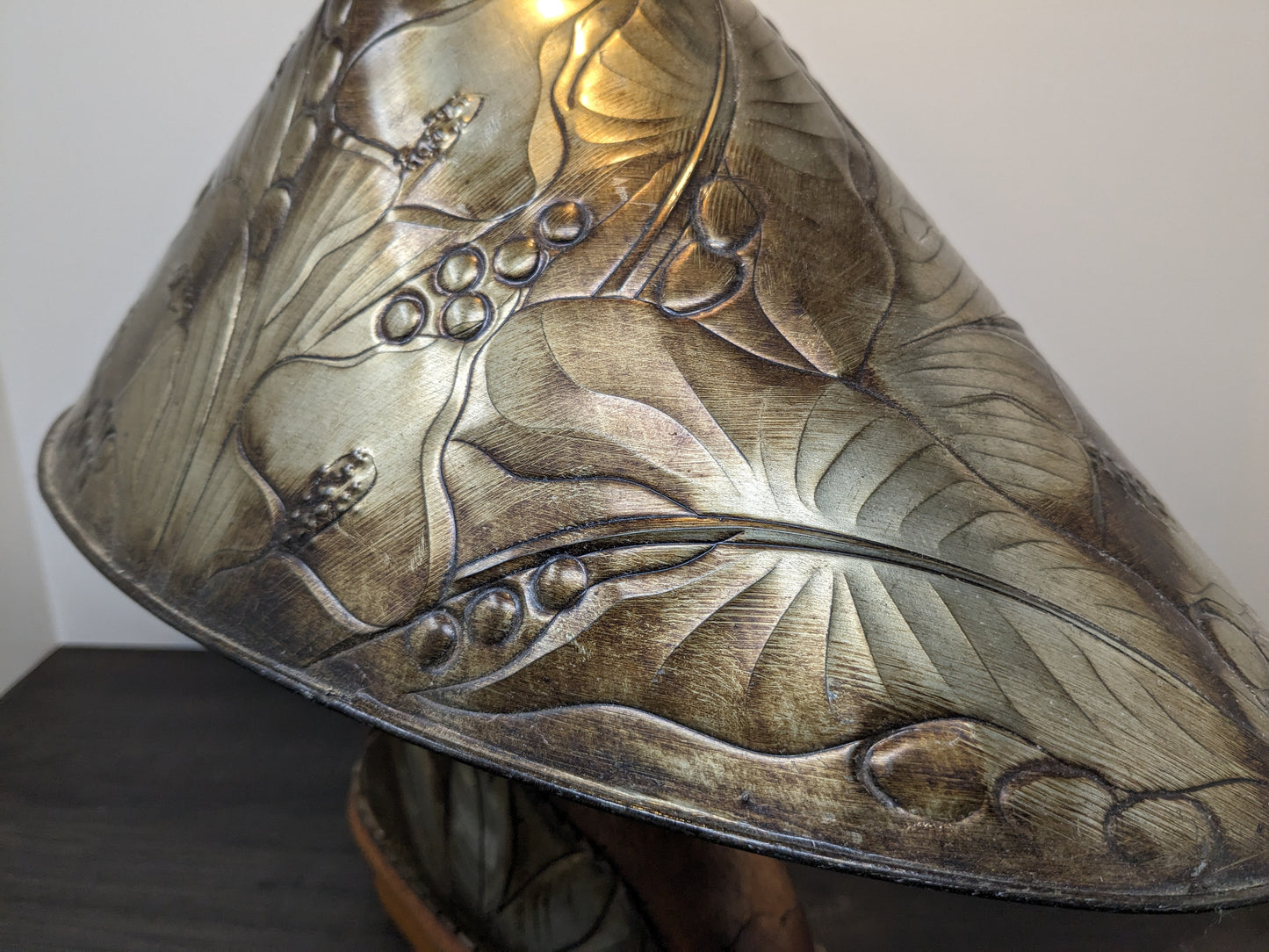 Leather and Tin Covered Ceramic Lamp | 1980 Vintage Lighting | Modernist Arts & Crafts Table Lamp| Hobbit Lamp