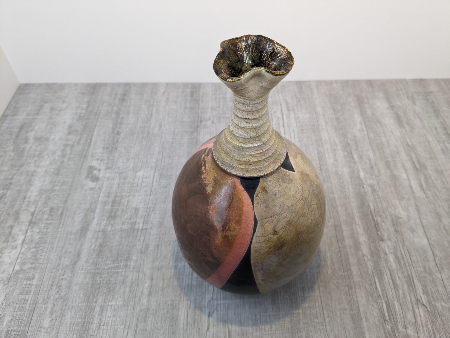 Larry Aguilar Raku Vase | Long Ring Neck  Vase with Flared Opening | Fantastic Color Contrasts and Shape | Art Pottery