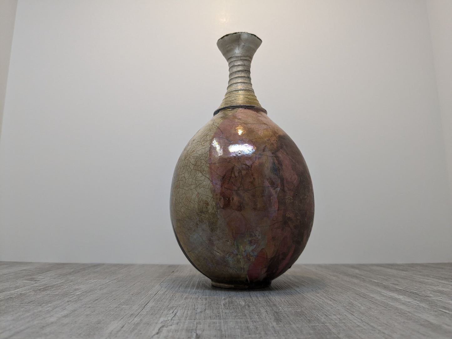 Larry Aguilar Raku Vase | Long Ring Neck  Vase with Flared Opening | Fantastic Color Contrasts and Shape | Art Pottery