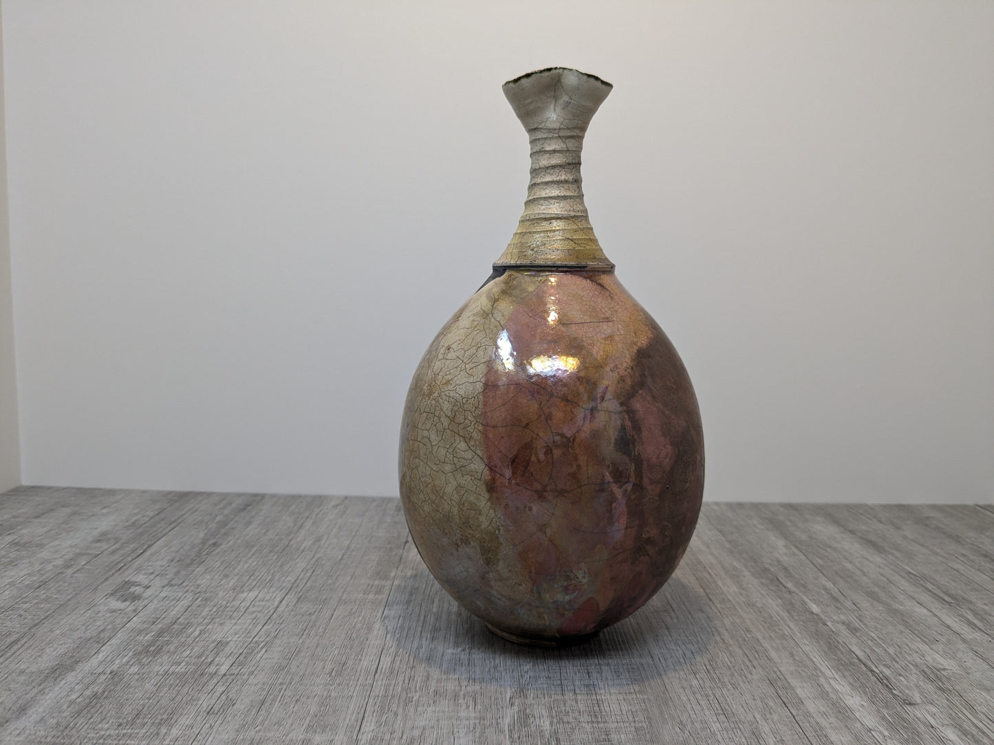 Larry Aguilar Raku Vase | Long Ring Neck  Vase with Flared Opening | Fantastic Color Contrasts and Shape | Art Pottery