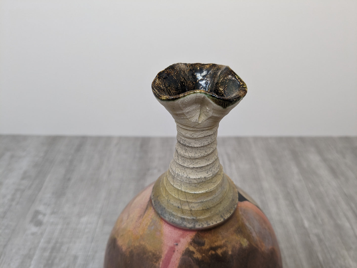 Larry Aguilar Raku Vase | Long Ring Neck  Vase with Flared Opening | Fantastic Color Contrasts and Shape | Art Pottery