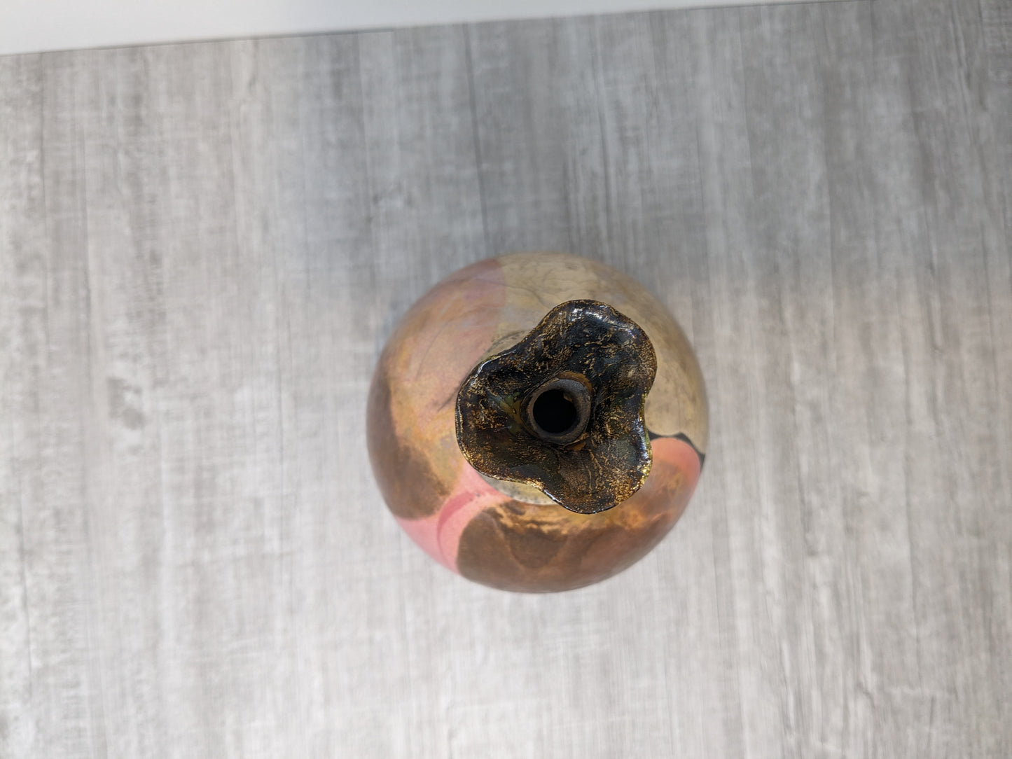 Larry Aguilar Raku Vase | Long Ring Neck  Vase with Flared Opening | Fantastic Color Contrasts and Shape | Art Pottery