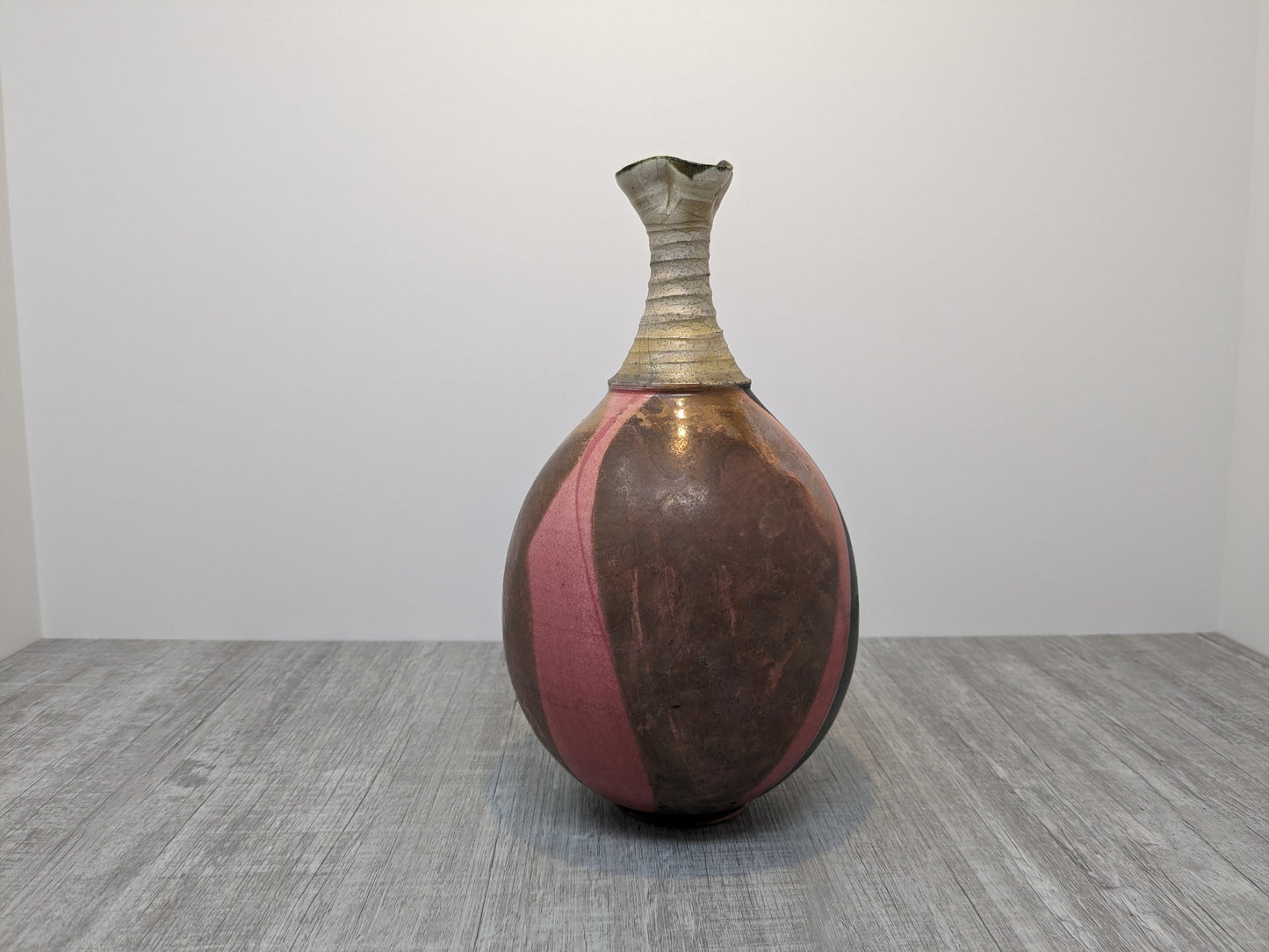 Larry Aguilar Raku Vase | Long Ring Neck  Vase with Flared Opening | Fantastic Color Contrasts and Shape | Art Pottery