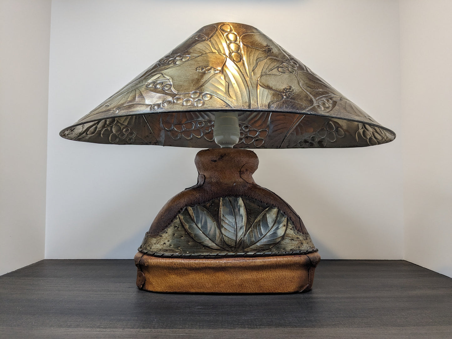 Leather and Tin Covered Ceramic Lamp | 1980 Vintage Lighting | Modernist Arts & Crafts Table Lamp| Hobbit Lamp