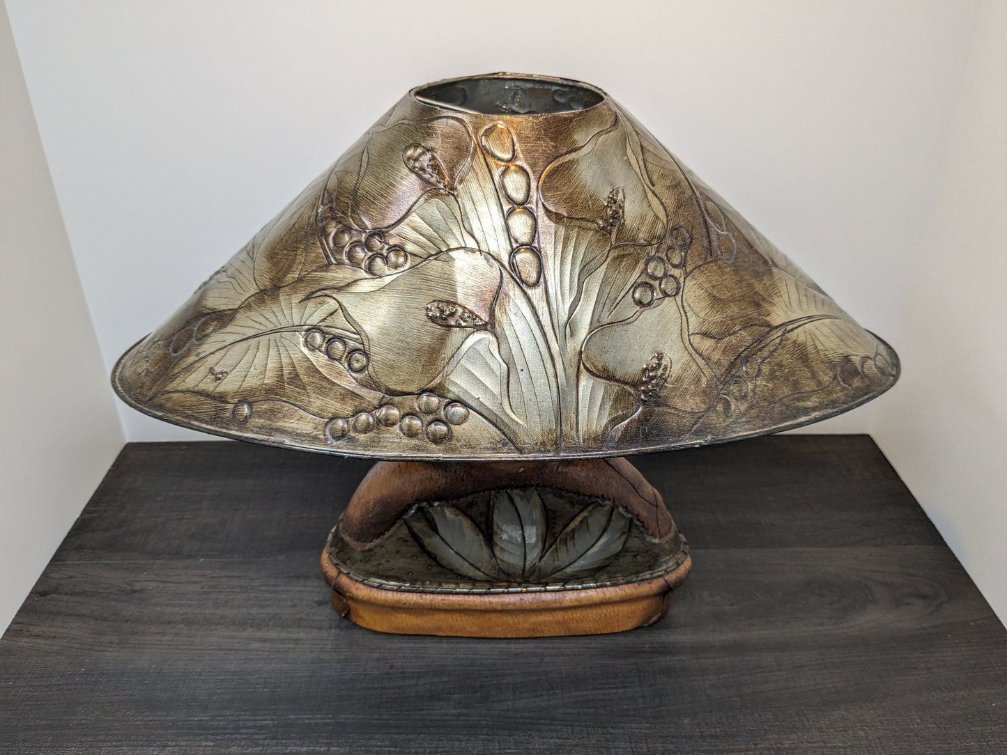 Leather and Tin Covered Ceramic Lamp | 1980 Vintage Lighting | Modernist Arts & Crafts Table Lamp| Hobbit Lamp