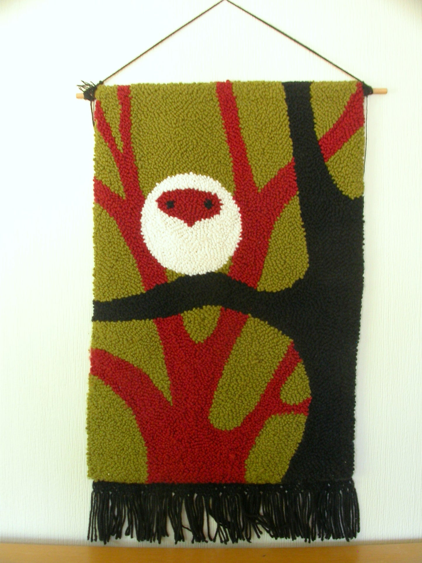 Wool Hook and Loop Mid Century Abstract Owl Wall Tapestry, Vintage Modernist Wool