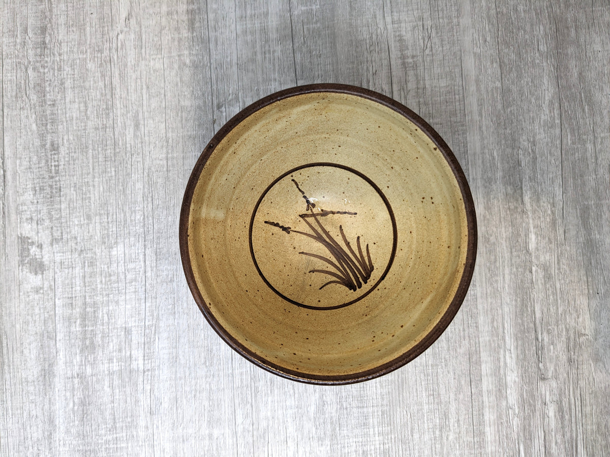 Mary Fox Studio Pottery | Ceramic Stoneware Bowl with Wild Grass / Bull Rush Brush Strokes | Early 1980's Mary Fox Pottery