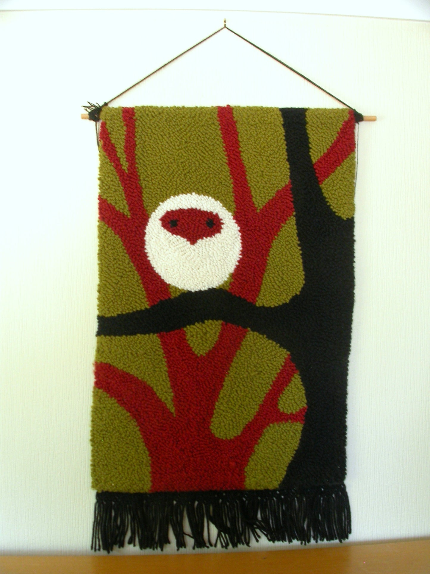 Wool Hook and Loop Mid Century Abstract Owl Wall Tapestry, Vintage Modernist Wool