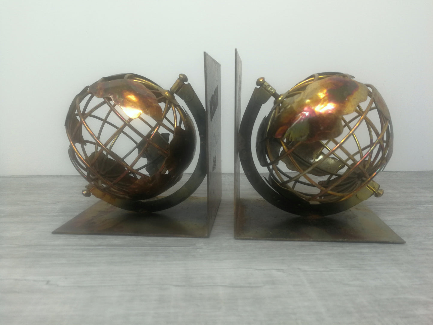 Metal Globe Brutalist Bookends | Spinning Globe Bookends | Mid Century Torch Art Bookends