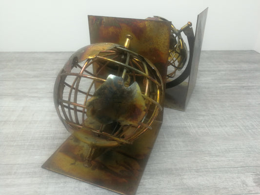 Metal Globe Brutalist Bookends | Spinning Globe Bookends | Mid Century Torch Art Bookends
