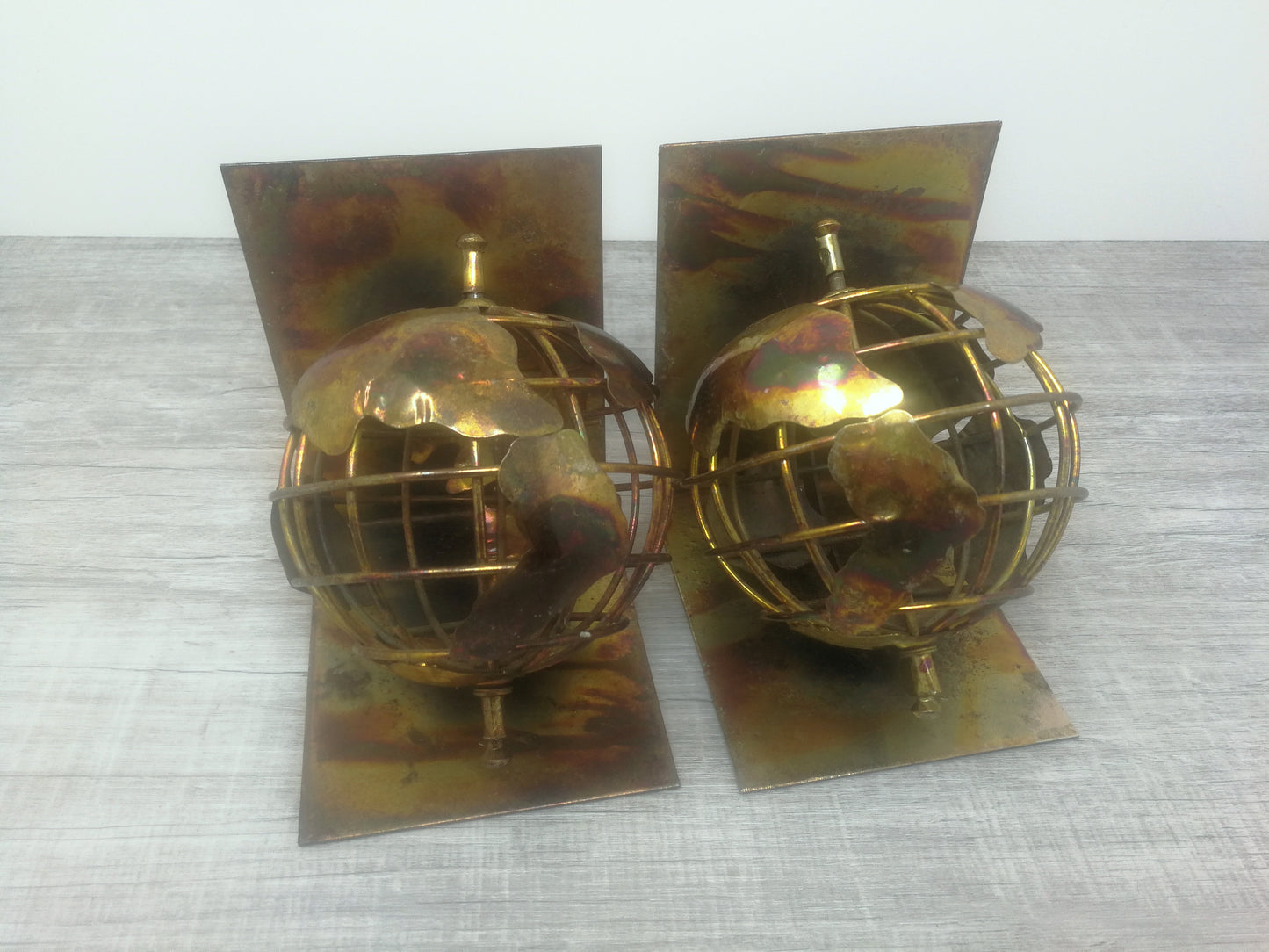 Metal Globe Brutalist Bookends | Spinning Globe Bookends | Mid Century Torch Art Bookends