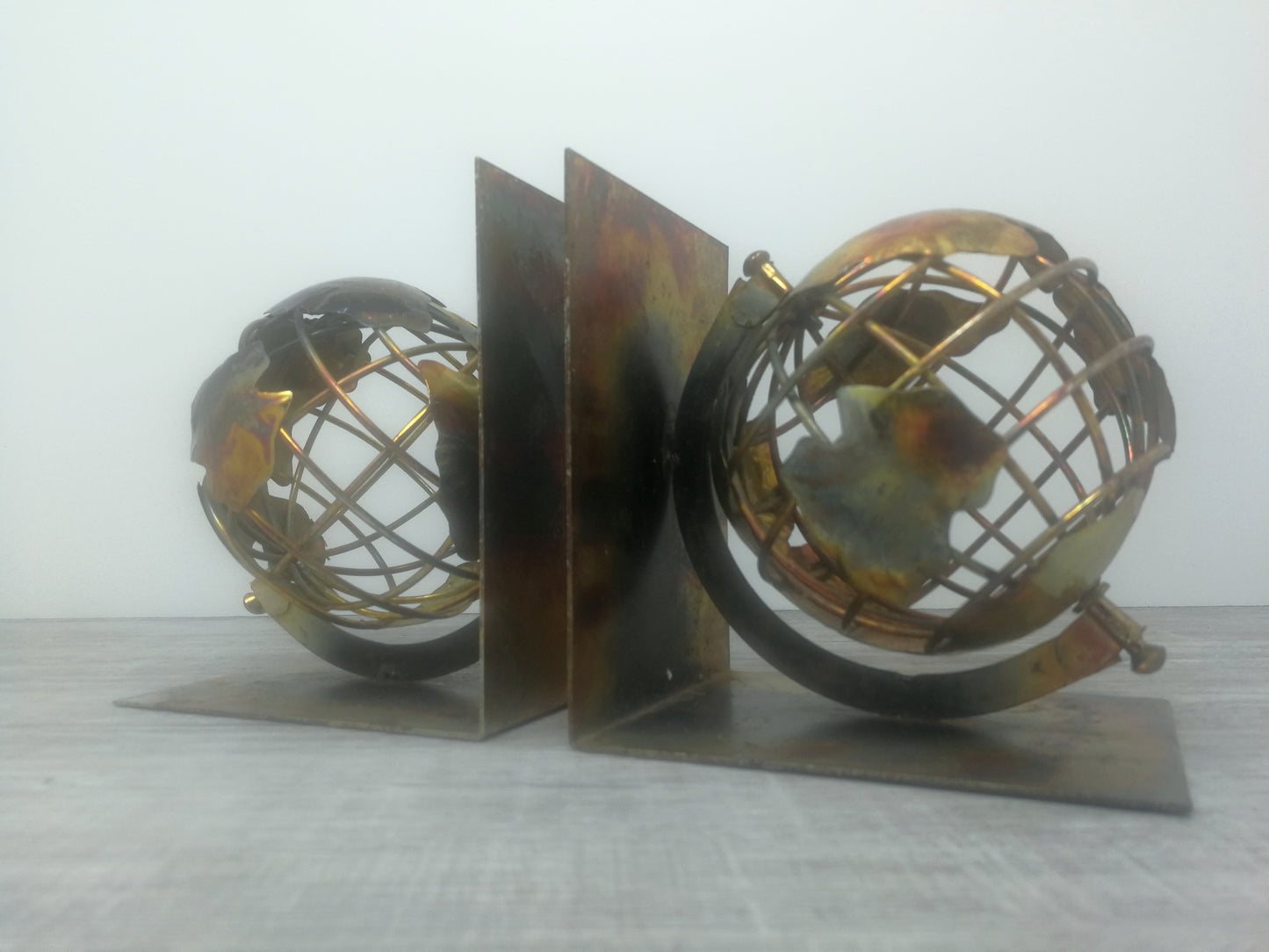 Metal Globe Brutalist Bookends | Spinning Globe Bookends | Mid Century Torch Art Bookends