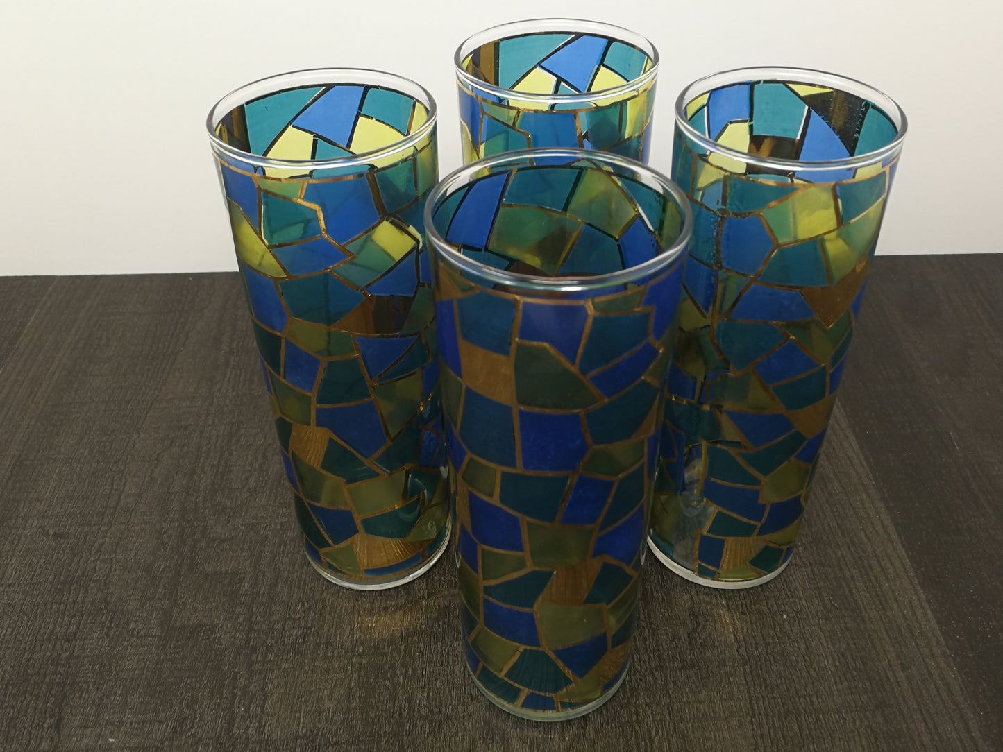 Set of 4 Vintage Stained Glass High Ball Glasses | Mid Century Cathedral Glass Drinking Glasses
