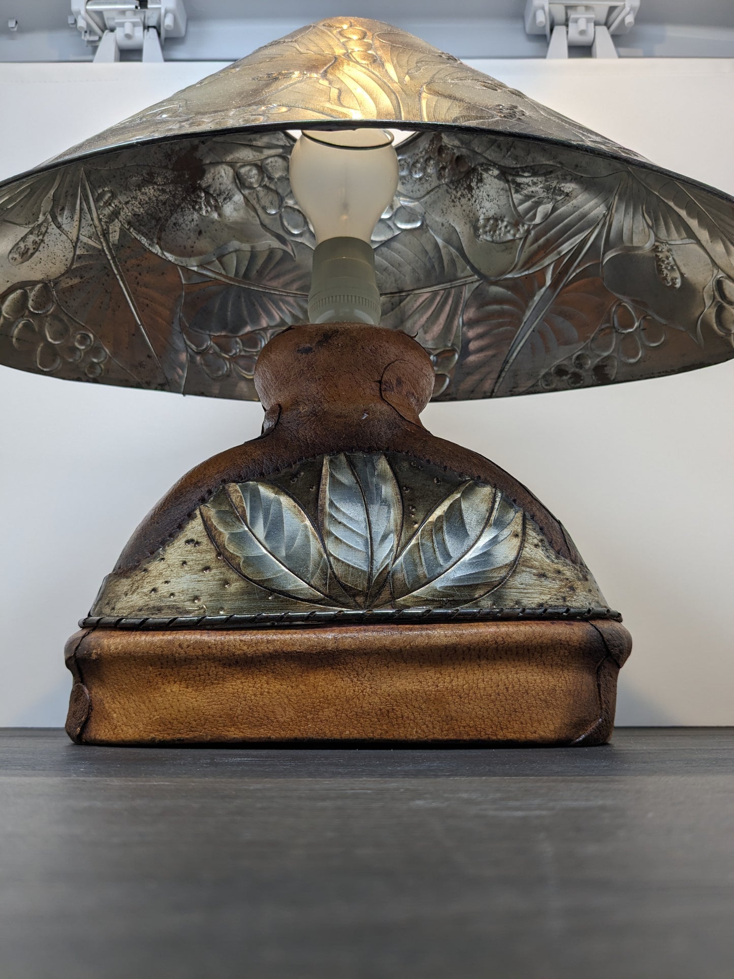 Leather and Tin Covered Ceramic Lamp | 1980 Vintage Lighting | Modernist Arts & Crafts Table Lamp| Hobbit Lamp