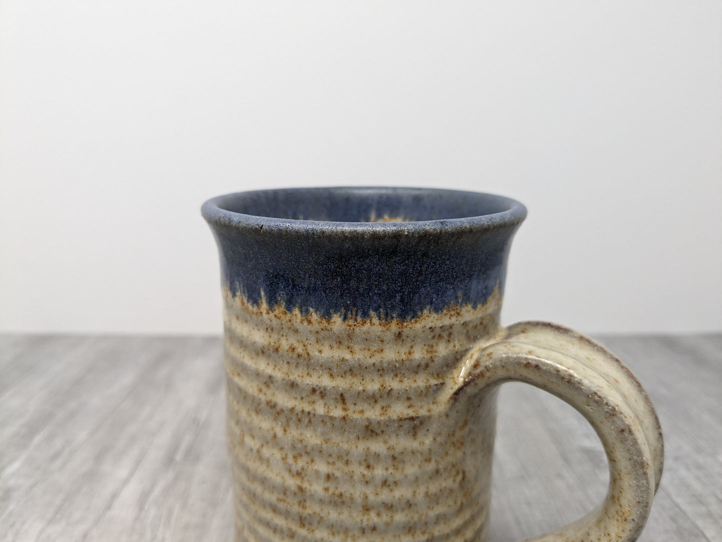 Large Studio Pottery Mug | Signed "Cameron" | Denim Blue Rim with Oatmeal Glaze