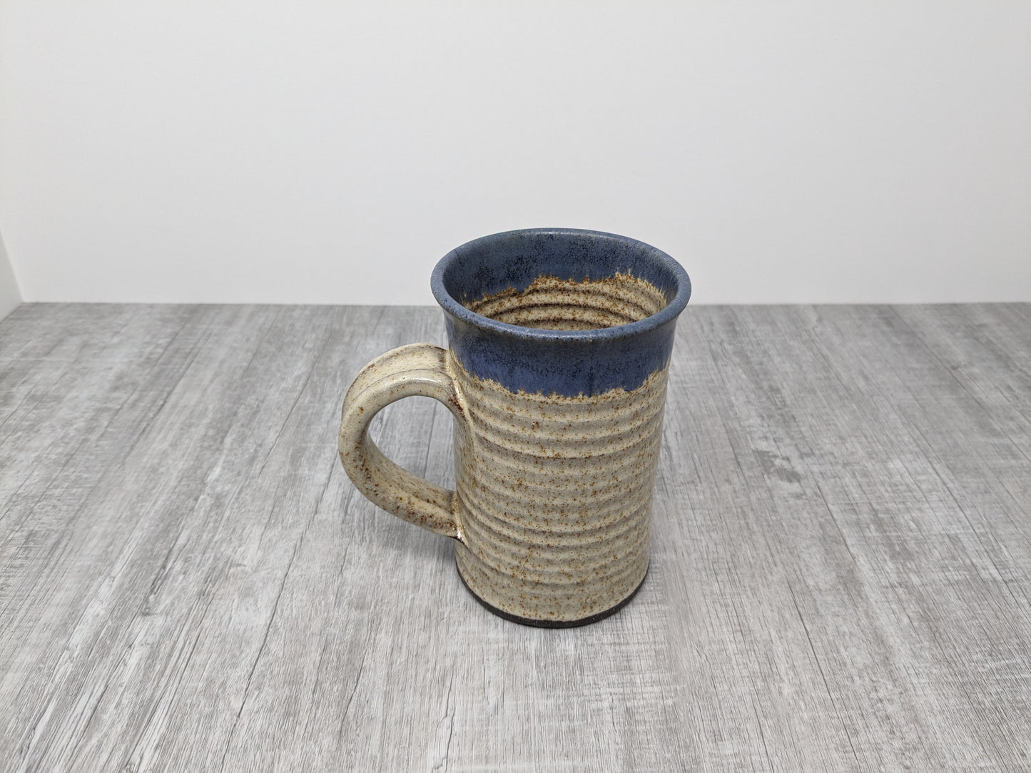 Large Studio Pottery Mug | Signed "Cameron" | Denim Blue Rim with Oatmeal Glaze