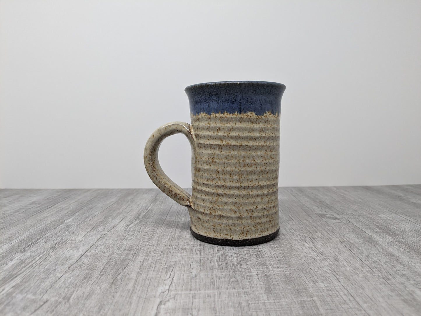 Large Studio Pottery Mug | Signed "Cameron" | Denim Blue Rim with Oatmeal Glaze