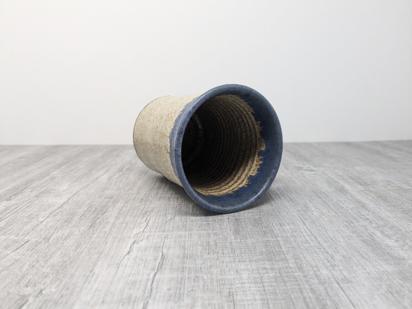 Large Studio Pottery Mug | Signed "Cameron" | Denim Blue Rim with Oatmeal Glaze