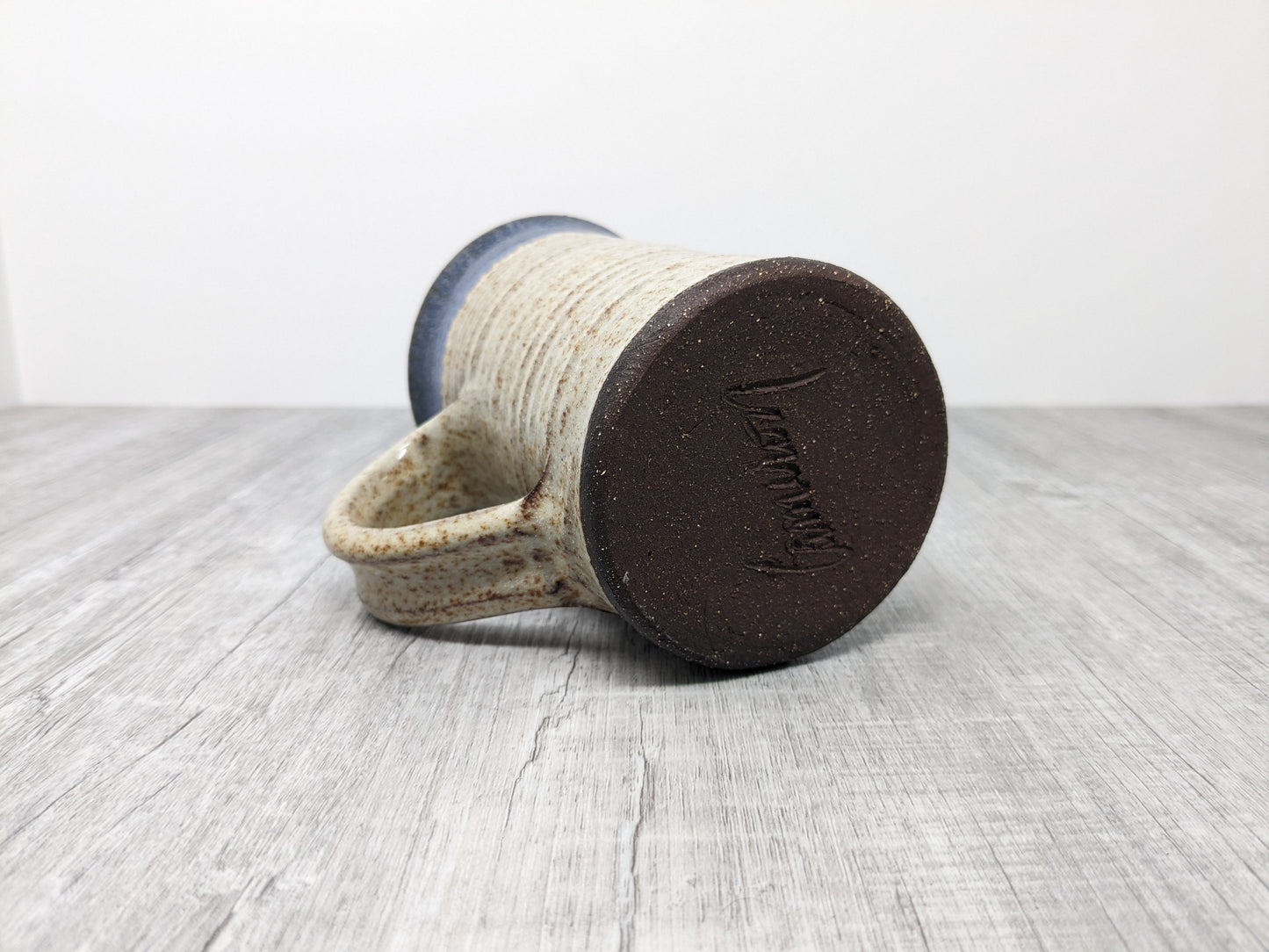 Large Studio Pottery Mug | Signed "Cameron" | Denim Blue Rim with Oatmeal Glaze