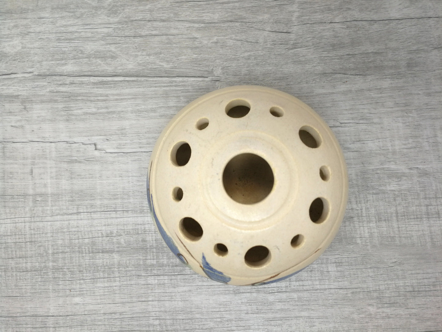 Nora Lewin studio pottery flower frog vase | Round Mushroom Cap Vase with Blue Abstract Design