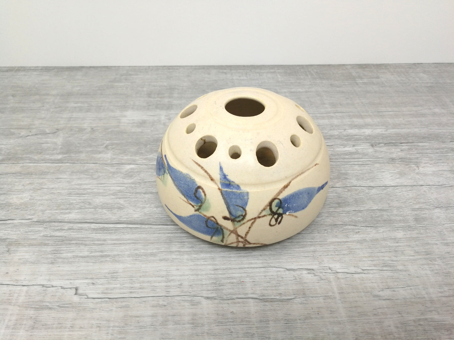 Nora Lewin studio pottery flower frog vase | Round Mushroom Cap Vase with Blue Abstract Design